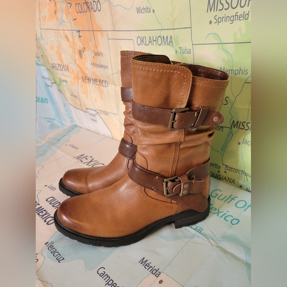 Earth Shoes - Earth Brown Leather Moto Buckle Boots Size 9.5